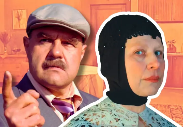 Adam i Ewa serial: mężczyzna w czapce z daszkiem grozi palcem, obok kobieta w czarnej chuście i koronkowej narzutce.