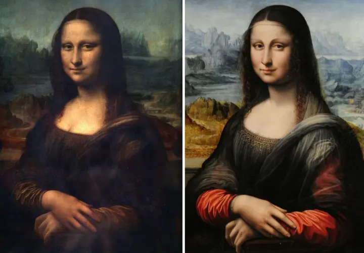 Zwei Darstellungen der Mona Lisa: Links das Original, rechts eine restaurierte Version mit leuchtenderen Farben und klareren Details.