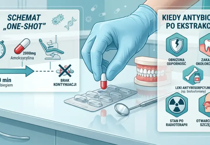 Schemat "one-shot" antybiotyku po wyrwaniu zęba: amoksycylina 2000mg na 30-60 min przed zabiegiem. Kiedy antybiotyk po ekstrakcji? Obniżona odporność, zakażenie okołokoronowe, leki antyresorpcyjne, stan po radioterapii, otwarcie zatoki szczękowej.