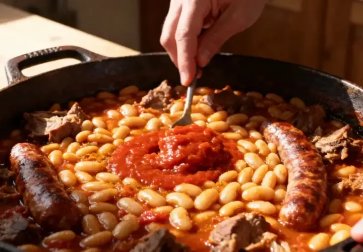 Un plat généreux de cassoulet maison, avec ses haricots blancs, ses saucisses et ses morceaux de viande, prêt à être dégusté.
