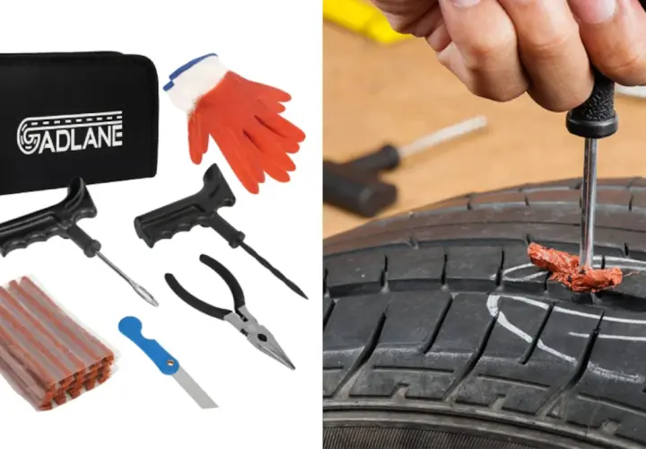 Kit de reparación para rueda pinchada: herramientas, parches y guantes. En la otra imagen, se muestra cómo usar una herramienta para reparar el pinchazo.