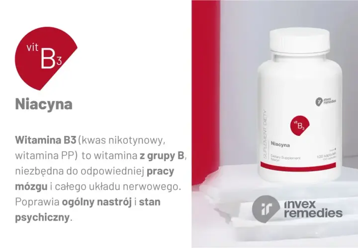 Witamina B3 (niacyna) wspiera pracę mózgu i układu nerwowego, poprawiając nastrój i stan psychiczny.