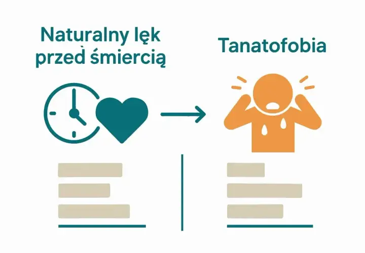 Naturalny lęk przed śmiercią może przerodzić się w tanatofobię, czyli paniczny strach. Grafika pokazuje przejście od symbolu zegara i serca do przerażonej postaci.
