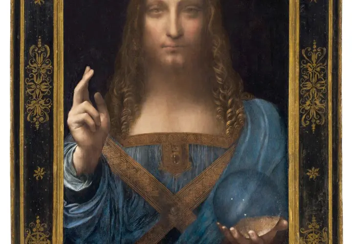 Leonardo da Vincis "Salvator Mundi" mit seinem Rekordpreis. Christus hält eine Kristallkugel und segnet.