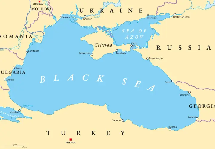 Mapa Morza Czarnego pokazuje, że Ukraina ma dostęp do morza przez Odessę i Morze Azowskie.