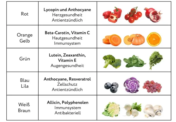 Tabelle zeigt, was sind Antioxidantien: Lycopin (rot), Beta-Carotin (orange/gelb), Lutein (grün), Anthocyane (blau/lila) und Allicin (weiß/braun) für Herz, Haut, Augen, Zellen & Immunsystem.