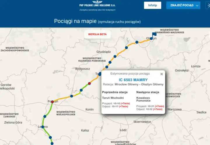 Mapa z symulacją ruchu pociągów, pokazująca trasę IC 6503 MAMRY z Wrocławia do Olsztyna.