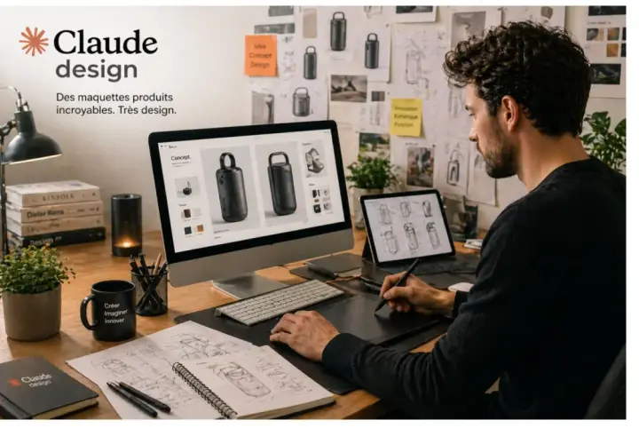 Un designer vêtement travaille sur des maquettes de produits sur son ordinateur et sa tablette. Esquisses et moodboards décorent le mur.