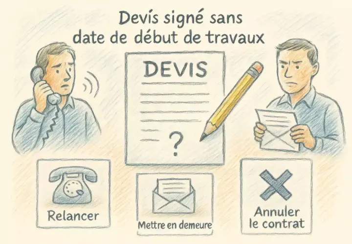 Un homme au téléphone, un devis signé sans date de début de travaux, et un autre homme tenant une lettre. Options : relancer, mettre en demeure, annuler le contrat.