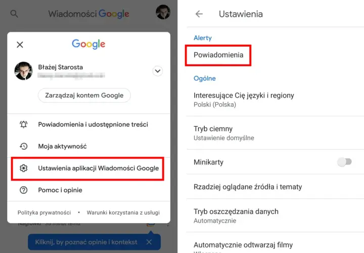 Ekran ustawień aplikacji Wiadomości Google. Widać opcję "Powiadomienia", która pozwala zarządzać tym, jak wyłączyć powiadomienia.