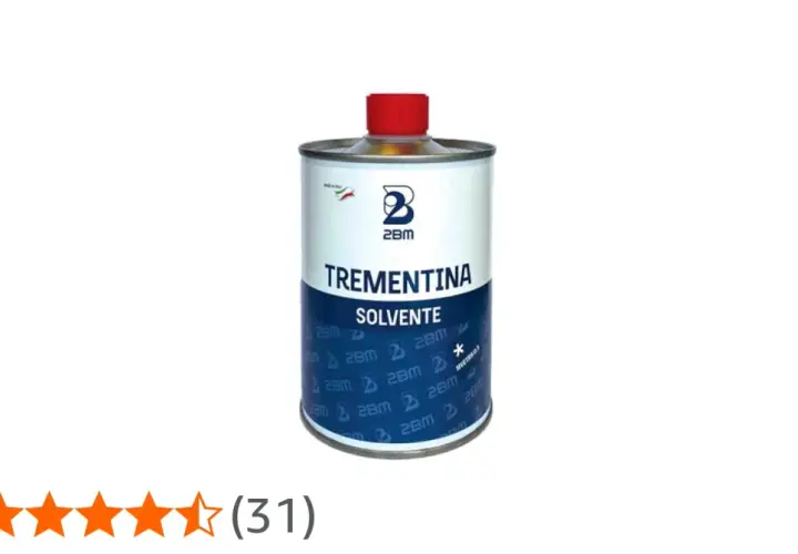 Puszka terpentyny z czerwonym korkiem i etykietą "TREMENTINA SOLVENTE".
