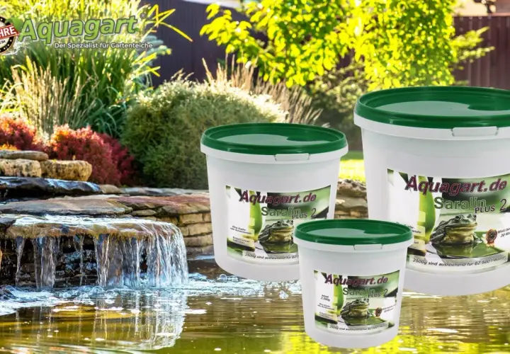 Aquagart Saralin Plus 2 Eimer bekämpfen Fadenalgen im Teich. Ein schöner Gartenteich mit Wasserfall und Pflanzen.