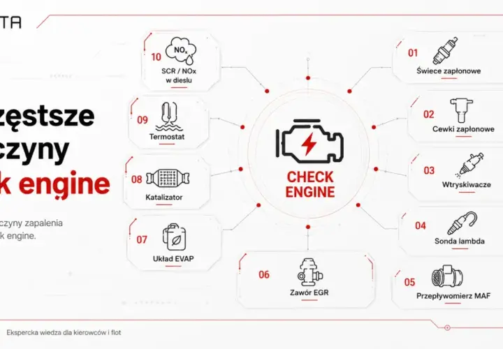 Najczęstsze przyczyny zapalenia się kontrolki check engine: świece, cewki, wtryskiwacze, sonda lambda, przepływomierz MAF, zawór EGR, układ EVAP, katalizator, termostat, SCR/NOx. Czy można jeździć? Sprawdź!
