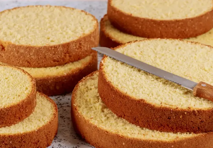 Dischi di pan di spagna dorati e soffici, pronti per essere farciti. Un coltello da pane è appoggiato su uno strato.