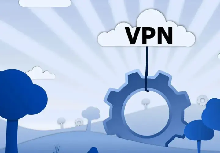 Nube con "VPN" conectada a un engranaje azul, en un paisaje estilizado con árboles y nubes.