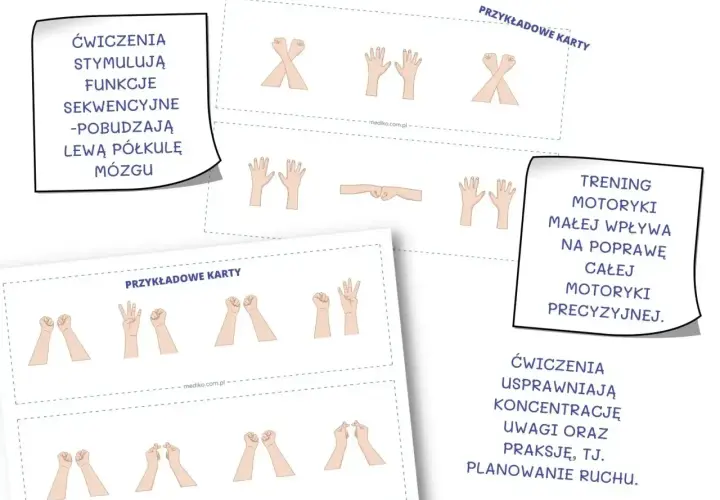 Karty z ćwiczeniami dłoni, które usprawniają zdolności motoryczne, koncentrację i planowanie ruchu.