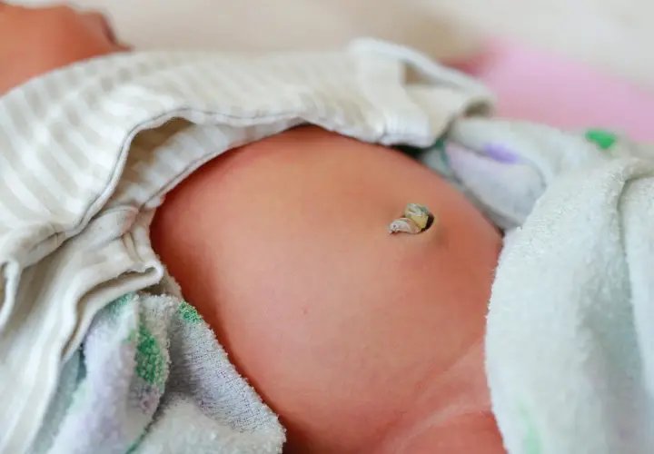 Żółty pępek po odpadnięciu kikuta, delikatnie owinięty w miękkie tkaniny.