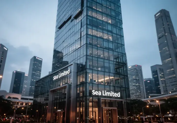 Moderne Glasfassade des Sea Limited Hauptsitzes im Abendlicht. Die Sea Limited Aktie symbolisiert Wachstum in der Skyline.