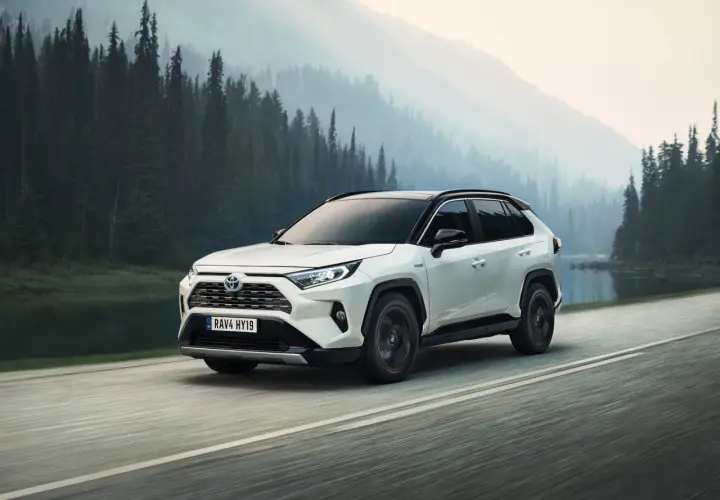 Toyota RAV4 Hybrid, l'auto più venduta al mondo, sfreccia su una strada panoramica tra foreste nebbiose e montagne.