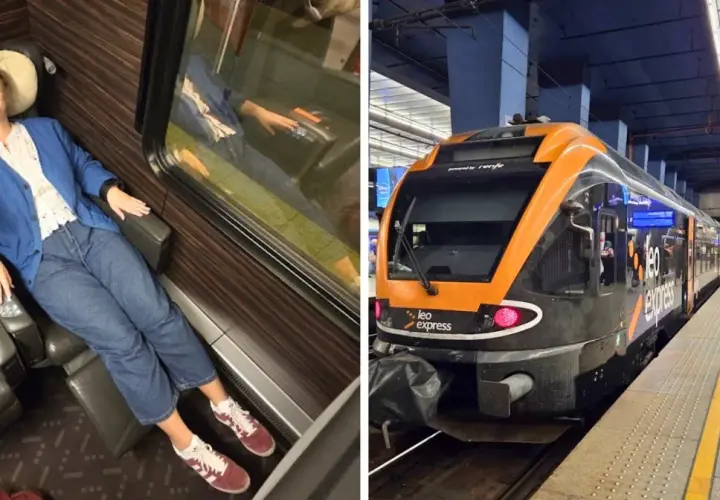 Kobieta w wygodnym fotelu w pociągu Leo Express na trasie Warszawa-Kraków. Pociąg na peronie.