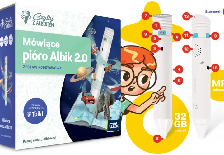 Mówiące pióro Albik 2.0 działa jak magiczna różdżka, ożywiając książki. Zestaw podstawowy z 32 GB pamięci i odtwarzaczem MP3.