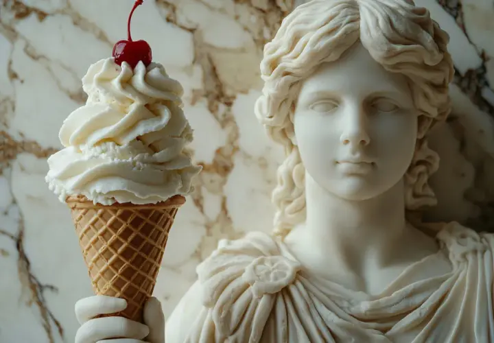 Lody z wisienką na tle antycznej rzeźby. Czy to starożytni Grecy wiedzieli, skąd pochodzą lody?