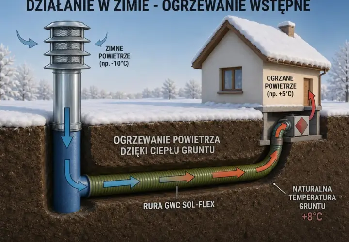 Rura GWC SOL-FLEX ogrzewa zimne powietrze dzięki ciepłu gruntu, podnosząc jego temperaturę przed dostarczeniem do domu.