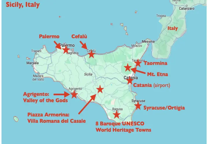 Map of Sicily, Italy, showing towns like Palermo, Catania (airport), and Mt. Etna, plus key attractions.