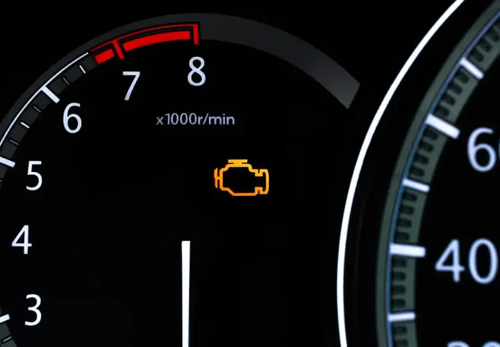 Pomarańczowy, migający check engine na desce rozdzielczej. Silnik wymaga uwagi.