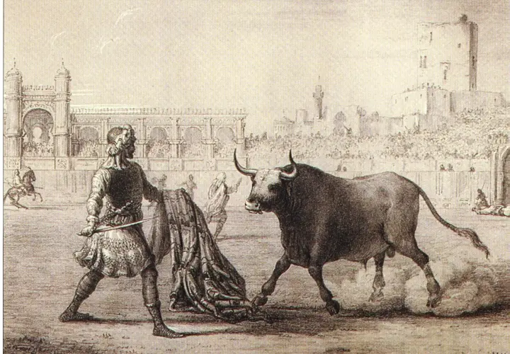 Un torero se enfrenta a un toro bravo en la arena, con público y arquitectura de la época. Es la primera corrida de toros.