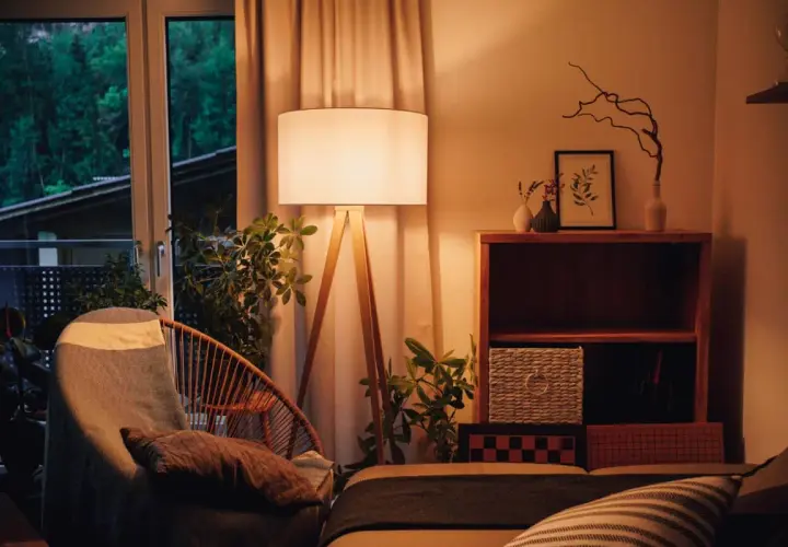 Lámpara de pie con luz blanco cálido ilumina un sillón acogedor y plantas. Estantería de madera con objetos decorativos y cestas.