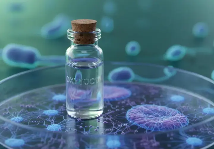 Szklana fiolka z napisem "OXYTOCIN" na tle komórek. Oksytocyna co to? Hormon miłości i więzi.