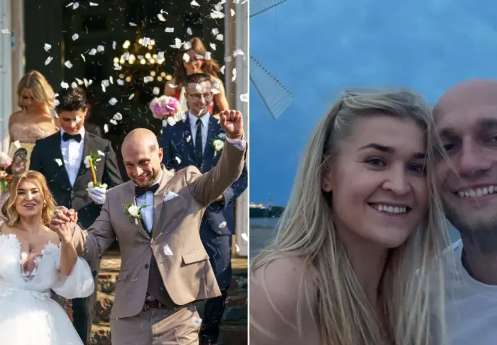 Klaudia i jej wybranek, rolnik szuka żony, świętują ślub. W tle widać wiatrak i niebo.