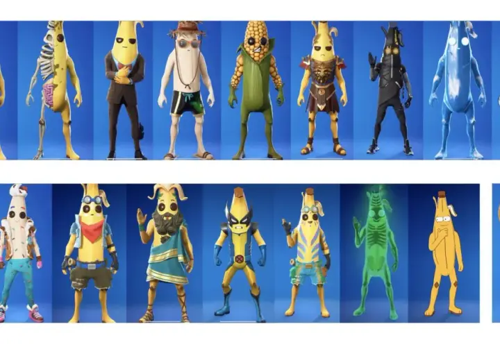 Kolekcja postaci z gry Fortnite, w tym różne wersje Peely'ego, czyli słynnego banana.