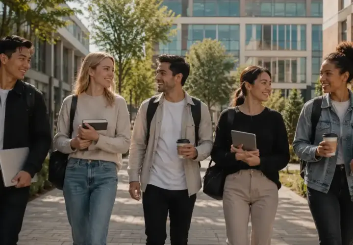 Pięcioro studentów, w tym Azjata, Europejka, mężczyzna o śniadej cerze, Azjatka i Afroamerykanka, idzie razem po kampusie, ciesząc się możliwościami studiów za granicą.