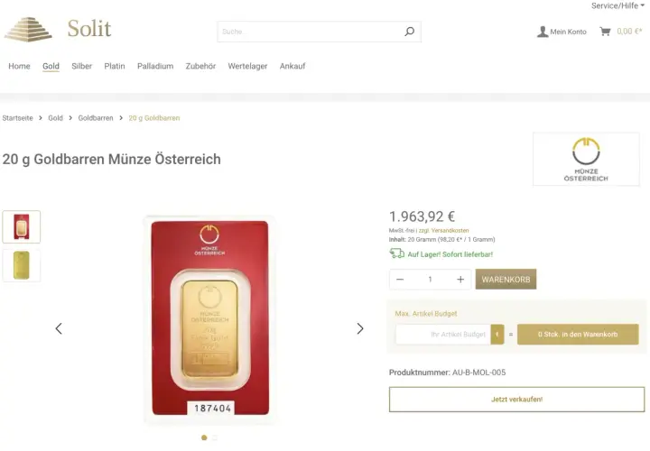 20g Goldbarren Münze Österreich, steuerfrei bei Solit. Ein glänzender Goldbarren, bereit für Ihre Sammlung.