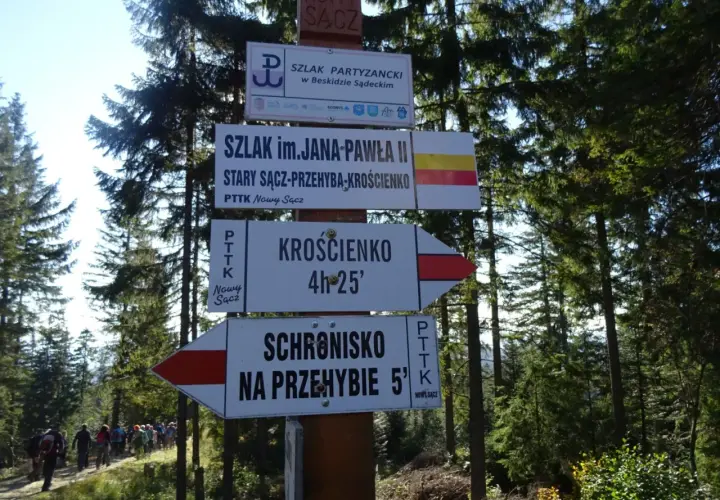 Znaki szlaków w Beskidzie Sądeckim. Szlak im. Jana Pawła II prowadzi do Krosna i schroniska na Przehybie.