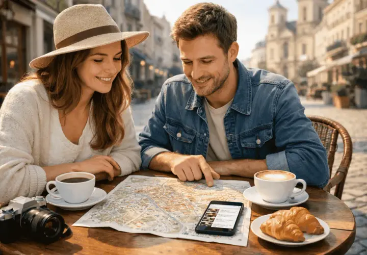 Para, planując city break, przegląda mapę i telefon, siedząc przy stoliku w kawiarni.