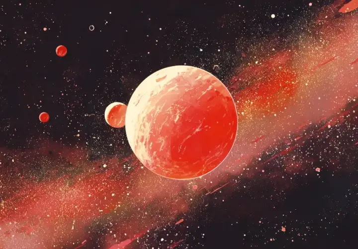 Czerwone planety, w tym Mars w raku, unoszą się w gwiezdnym pyle.