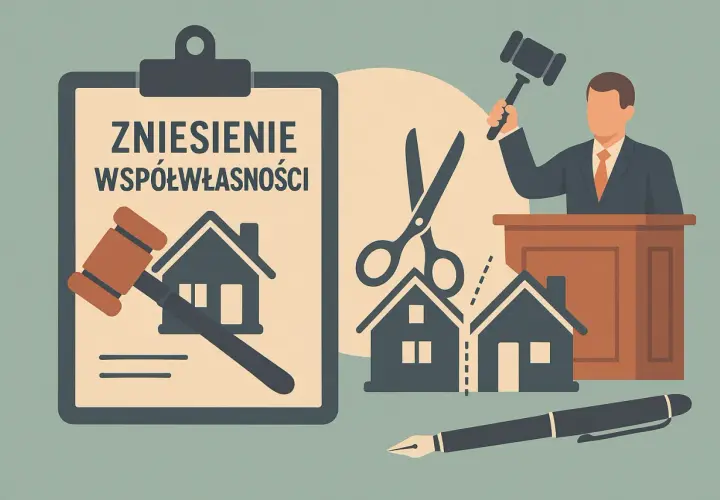 Ilustracja przedstawia proces zniesienia współwłasności ze spłatą. Sądowy młotek i nożyce symbolizują podział majątku.