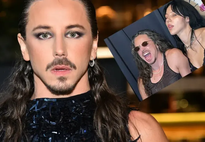 Michał Szpak z żoną, uśmiechnięty i w okularach, na zdjęciu w tle.