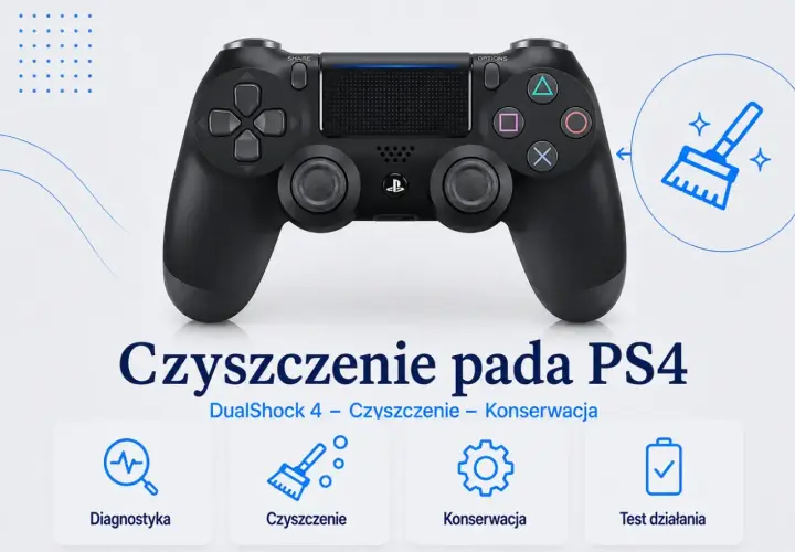 Czyszczenie pada PS4 DualShock 4. Ikony diagnostyki, czyszczenia, konserwacji i testu działania.