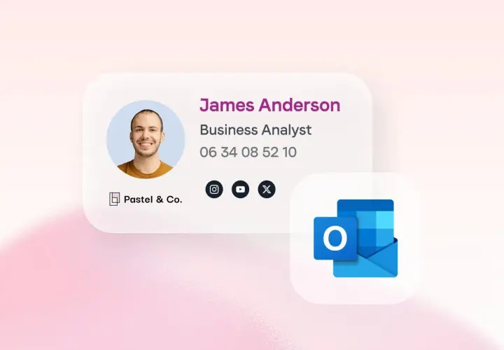 Carte de visite numérique de James Anderson, Business Analyst. Apprenez comment modifier signature Outlook pour une présentation professionnelle.