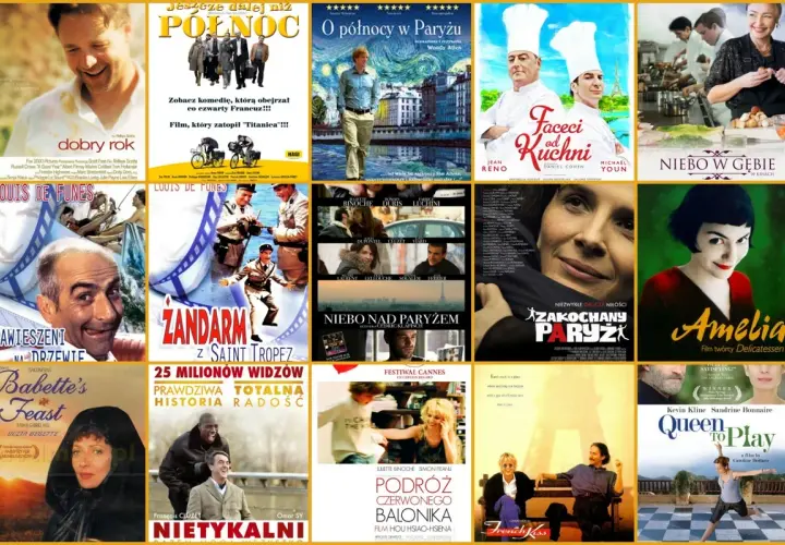 Plakat filmowy z kolażem okładek francuskich filmów, m.in. "Amelia", "Zakochanego Paryża".