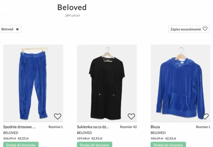Beloved to marka odzieżowa. Na stronie prezentowane są niebieskie spodnie dresowe, czarna sukienka i niebieska bluza z kapturem.