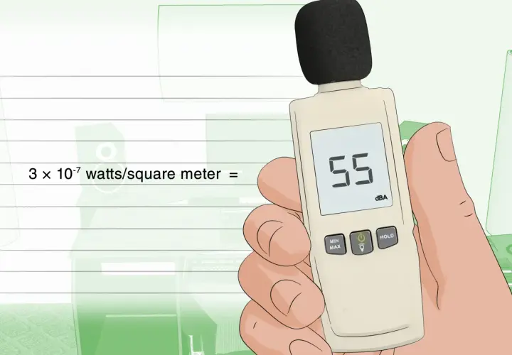 Medidor de sonido muestra 55 dB, un nivel de ruido moderado. La fórmula indica 3 x 10⁻⁷ watts/m², un ejemplo de 60 dB.