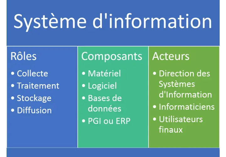 Tableau décrivant un système d'information : rôles (collecte, traitement, stockage, diffusion), composants (matériel, logiciel, bases de données, PGI/ERP) et acteurs (direction SI, informaticiens, utilisateurs).