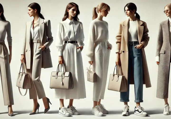 Sześć kobiet prezentuje stylizacje smart casual: eleganckie spodnie, płaszcze i stylowe dodatki.
