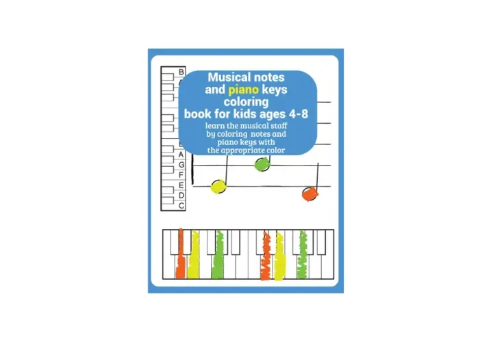 Libro para colorear de notas musicales y teclas de piano con colores.