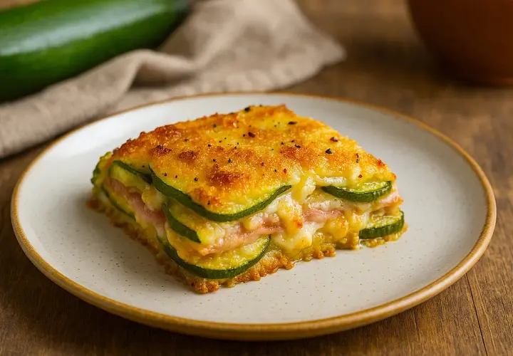 Una fetta di parmigiana di zucchine in friggitrice ad aria, con strati di zucchine, prosciutto e formaggio filante, dorata e croccante.